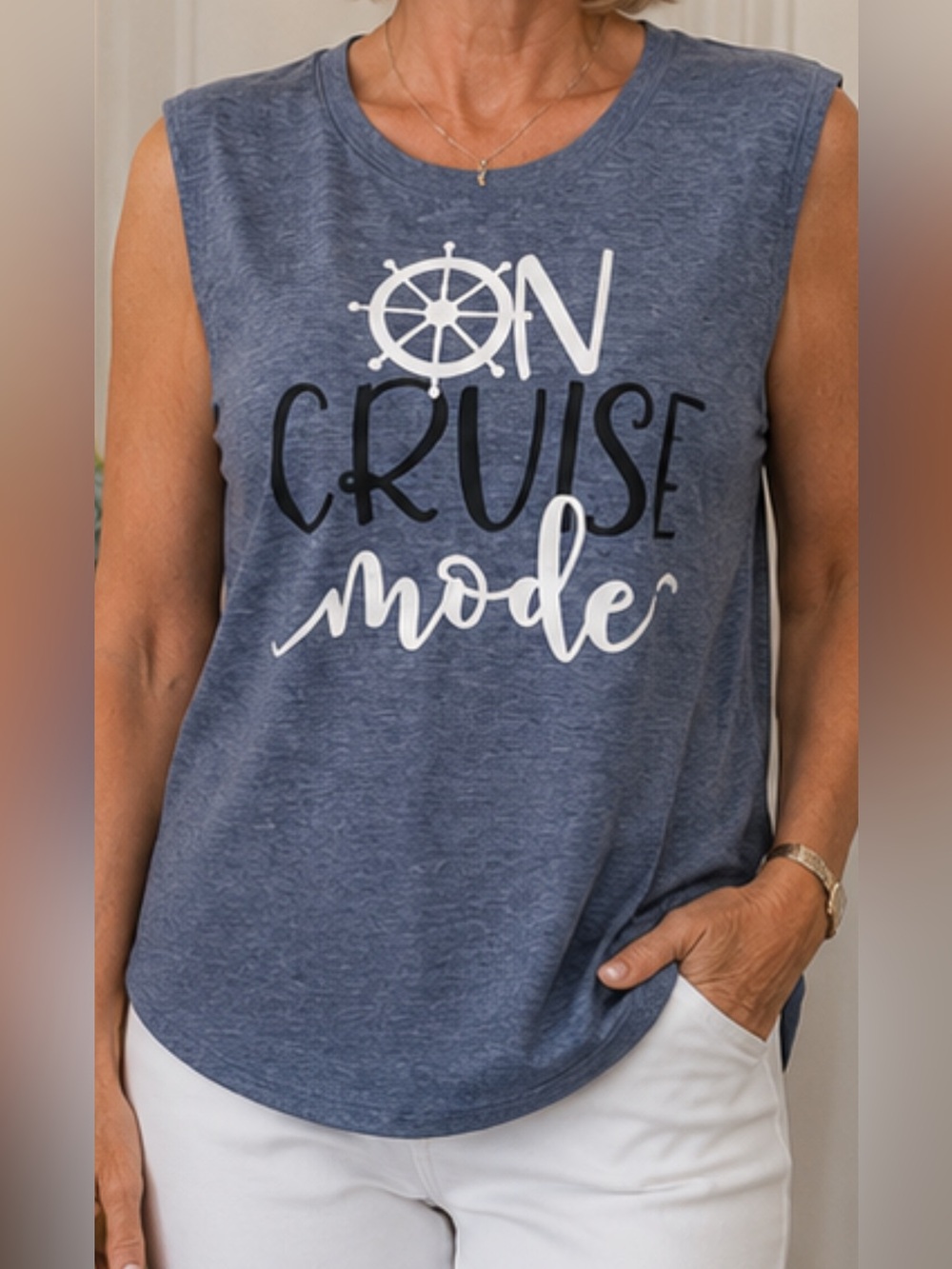 Women’s “On Cruise Mode” Blue Vacation cruise tank top shirt LARGE. 🚢